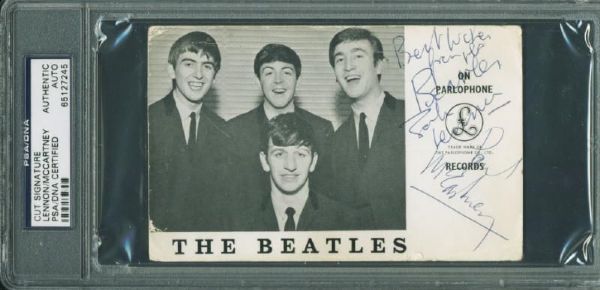 The Beatles: John Lennon & Paul McCartney Rare 1963 Dual Signed 3.5" x 5.75" Parlaphone UK Promo Card (PSA/DNA Encapsulated, Caiazzo & Cox LOAs)