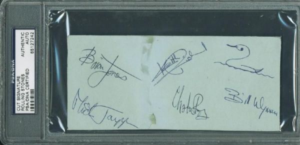 The Rolling Stones Unique Vintage Group Signed Page with Bill Wyman Sketch (PSA/DNA Encapsulated)
