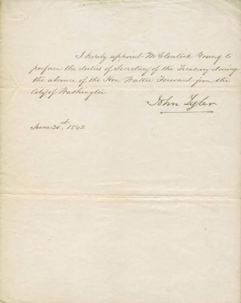 President John Tyler Rare Signed Presidential Appointment for a Temporary Secretary of Treasury! (PSA/DNA)