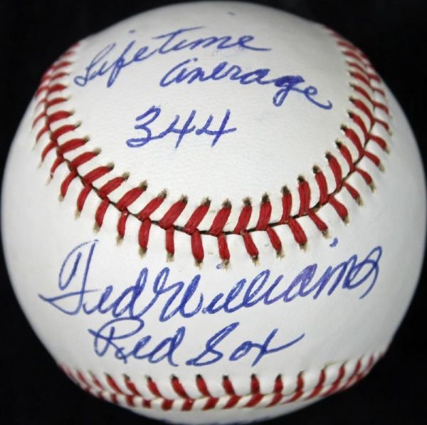 Ted Williams Signed OAL Baseball with One-of-a-Kind "Red Sox - Lifetime Average .344 - Average .344" Inscription (PSA/DNA)