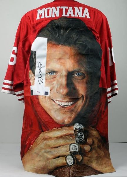 Joe Montana Signed 49ers Jersey with One-of-a-Kind William Zavala Hand-Painted Acrylic Artwork (PSA/DNA)