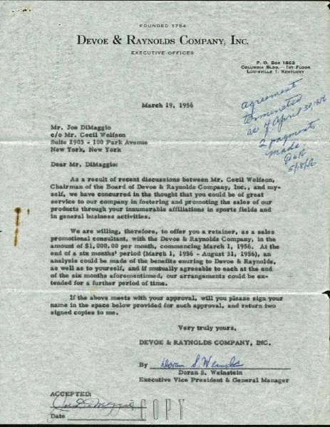 Joe DiMaggio Signed 1956 Endorsement Agreement (PSA/DNA)