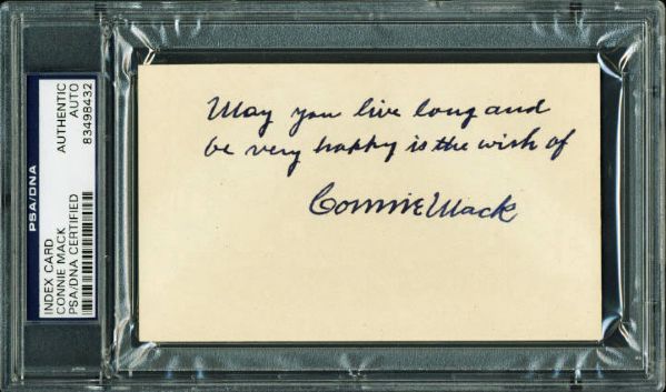 Connie Mack Signed 3x5 Card with "May you live long and be verry happy" Insc. (PSA/DNA Encapsulated)