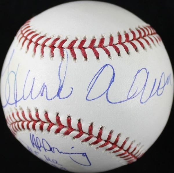 Hank Aaron & Al Downing Dual Signed OML Baseball w/"715 HR, 4-8-74" Inscription (Steiner Holo & PSA/DNA COA)