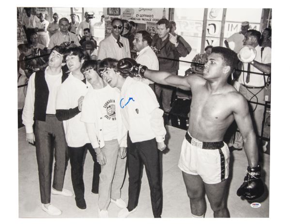 Muhammad Ali Large & Impressive Signed 20" x 24" Photograph with the Beatles - Signed with Desirable "Cassius Clay" Autograph (PSA/DNA)