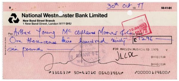 The Beatles: John Lennon Near-Mint Signed 1977 Bank Check (Tracks & PSA/DNA Guaranteed)