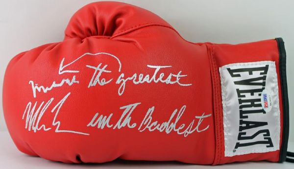 Muhammad Ali & Mike Tyson RARE Dual Signed Glove with "Hes Greatest, Im The Baddest" Inscription (PSA/DNA)