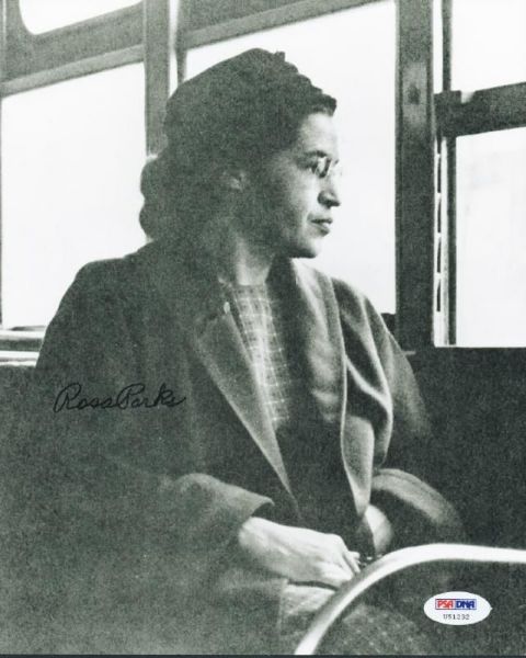 Rosa Parks Signed Historic 8" x 10" B&W Photo on Bus! (PSA/DNA)