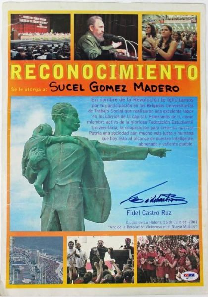 Fidel Castro Signed 11.75" x 16.5" Cuban Merit Certificate (PSA/DNA)