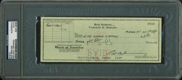 Twilight Zone: Rod Serling Signed Bank Check (PSA/DNA Encapsulated)