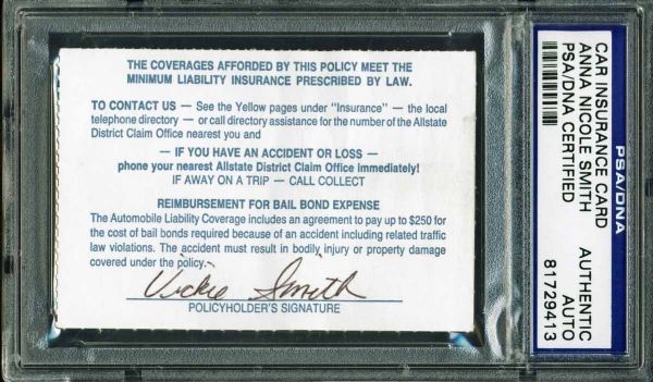 Anna Nicole Smith Signed 1991 Car Insurance Card w/Rare "Vickie Smith" Sig (PSA/DNA Encapsulated)