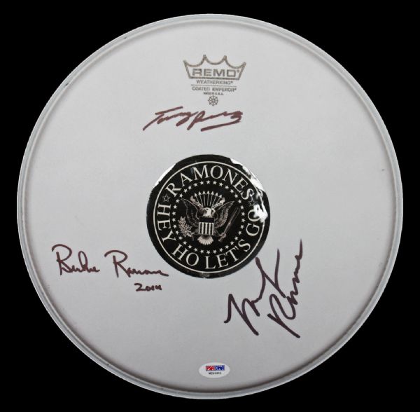 The Ramones: Ramones Drummer Signed Drumhead with Marky, Tommy & Richie (PSA/DNA)