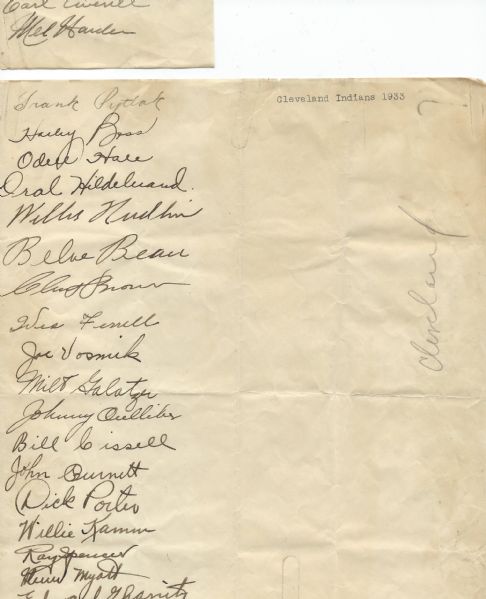 1933 Cleveland Indains Team Signed Line-up Page w/  Averill, Harder, Kamm, Hildebrand & Others (PSA/DNA)