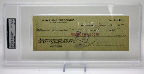 Tarzan: Edgar Rice Burroughs Handwritten & Signed Bank Check (PSA/DNA Encapsulated)