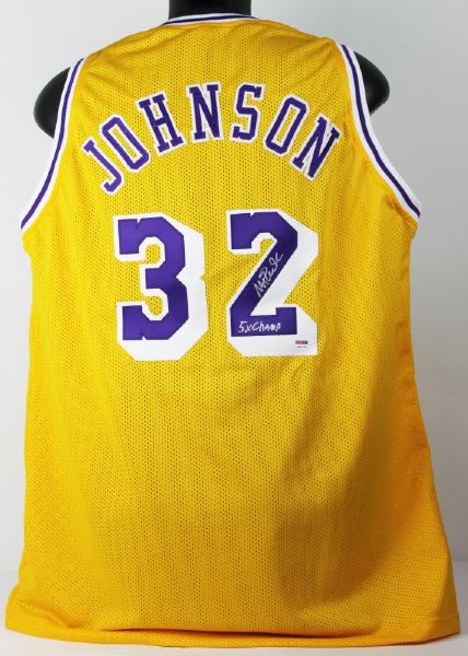 Lakers Magic Johnson "5x Champ" Authentic Signed Yellow Jersey (PSA/DNA ITP)