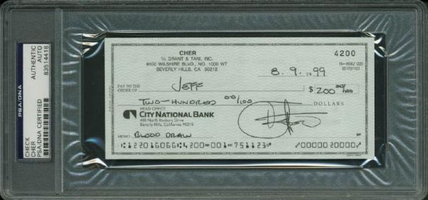 Cher Signed Cancelled Bank Check (PSA/DNA Encapsulated)