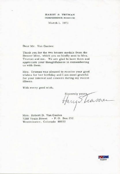 Harry S. Truman Signed Letter on Personal Letter Head (PSA/DNA)