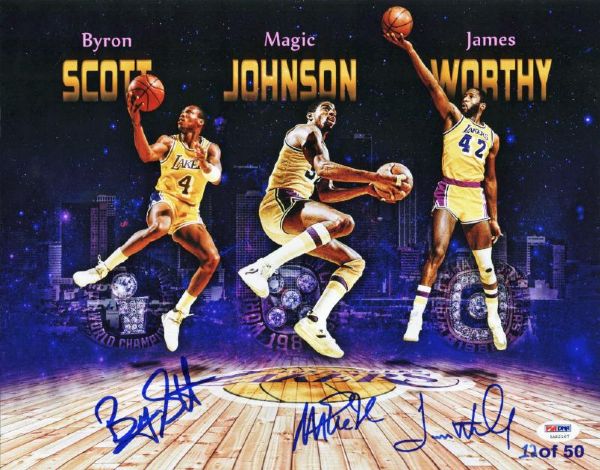 Magic Johnson, Byron Scott, and James Worthy Signed Limited Edition 11x14 Photo (PSA/DNA)