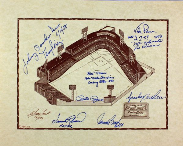 Cincinnati Reds Crosley Field 11" x 14" Commemorative Multi-Signed Print w/Robinson, Bench, Rose & Others! (PSA/DNA)