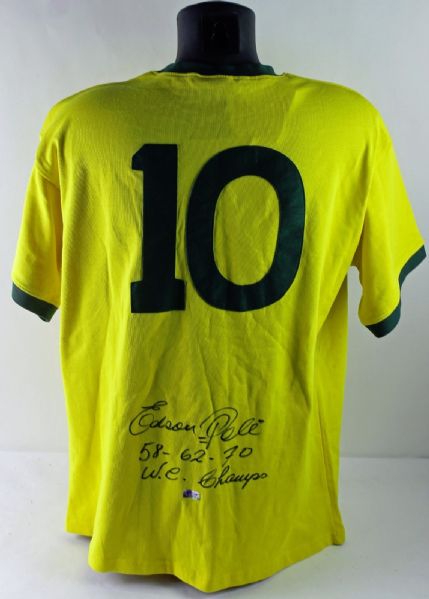 World Cup 2014: Pele Signed Brazil Jersey w/ Rare "Edison Pele 58-62-70 W.C. Champs" Inscription (PSA/DNA)