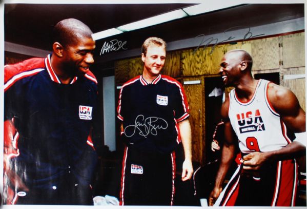 Michael Jordan, Magic Johnson & Larry Bird Signed 24" x 36" Rare Oversized Photograph (UDA & PSA/DNA)