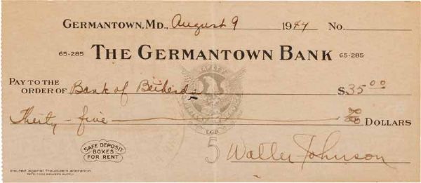 Walter Johnson Signed & Hand Written 1944 Personal Bank Check (PSA/JSA Guranteed)