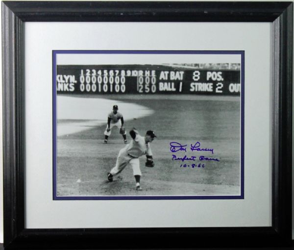 Don Larsen Signed & Framed Perfect Game Photo w/ Perfect Game 10-8-56 (PSA/DNA)