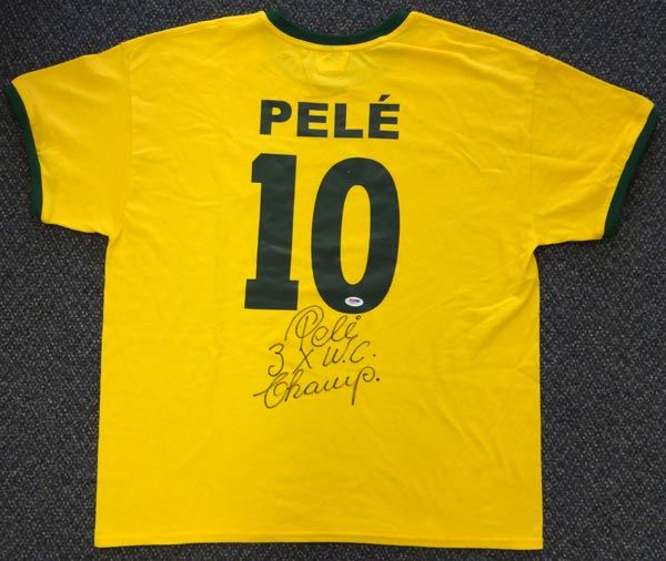 Pele Signed Brazil World Cup Jersey w/ "Pele 3x World Cup Champ" Inscription (PSA/DNA)
