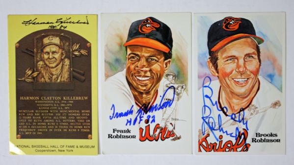 Lot of 3 Hall of Fame Signed Cards w/ Robinson, Robinson & Killebrew (PSA/JSA Guaranteed)