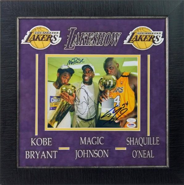 Lakers: Kobe Bryant, Magic Johnson & Shaquille ONeal Signed & Framed 8x10 Photo (JSA & PSA/DNA)