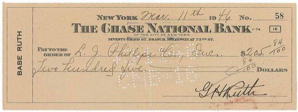 Babe Ruth Superbly Signed 1946 Bank Check Graded MINT 9 (PSA/DNA)
