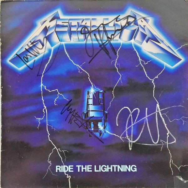Metallica Group Signed "Ride The Lightning" Record Album Cover with Cliff Burton! (PSA/DNA)