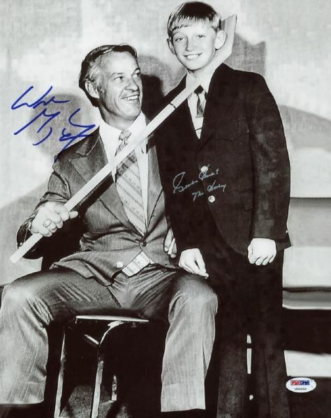 Wayne Gretzky & Gordie Howe Rare Dual Signed 11" x 14" B&W Photo of Gretzky as a Child Meeting Howe! (PSA/DNA)