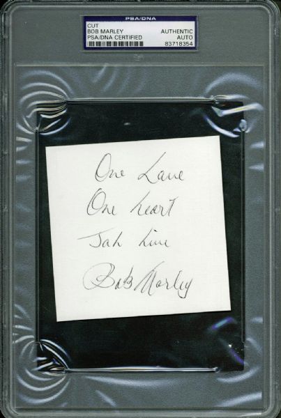 Bob Marley Exceptional 4" x 5" Signed Album Page w/ ULTRA-RARE "One Love, One Heart" Lyric Inscription! (PSA/DNA Encapsulated)