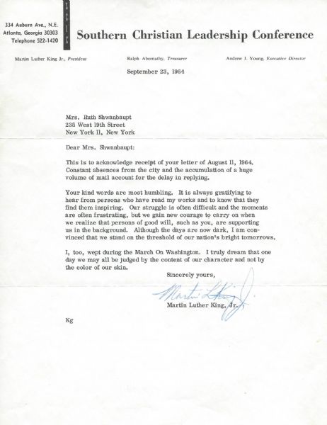 Martin Luther King Jr. Amazing Signed Letter with March on Washington Reflection & "I Have A Dream" Reference - Only Known Letter with Direct "Dream" Reference! (PSA/DNA)