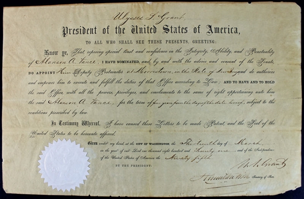 Ulysses S. Grant Signed 1871 Postmaster Appointment Document (PSA/DNA)
