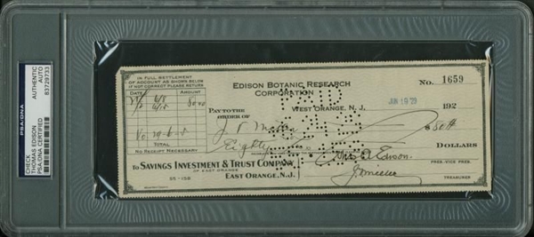 Thomas Edison Signed Edison Botanic Research Corp. Check (PSA/DNA Encapsulated)