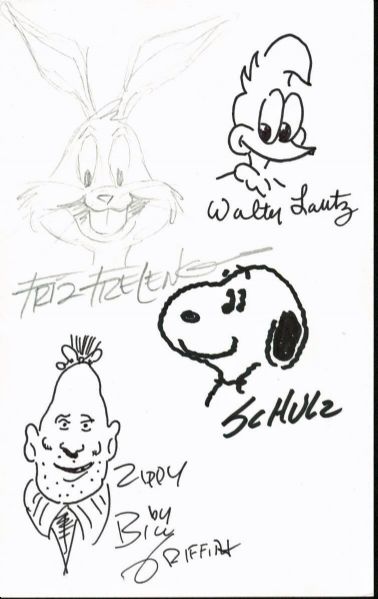 Cartoon Icons: Charles Schulz, Walter Lantz, Bill Griffith, and Friz Frelong Signed & Hand Drawn Sketches (PSA/DNA)