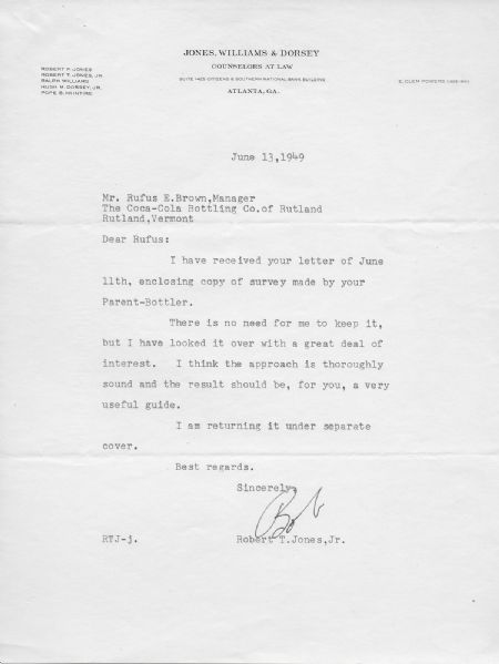 Bobby Jones Signed Letter to Coca-Cola Executive from 1949 (JSA)
