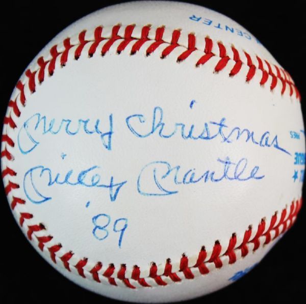 Mickey Mantle Unique Signed OAL Baseball w/ "Merry Christmas 89" Inscription (PSA/DNA)