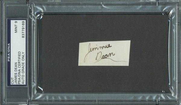 EXTREMELY RARE James Dean Signed 1" x 2" "Jimmie Dean" Cut - PSA/DNA Graded MINT 9!