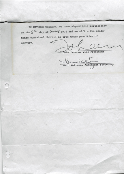 The Beatles: John Lennon Signed Apple Music Document (Caiazzo)