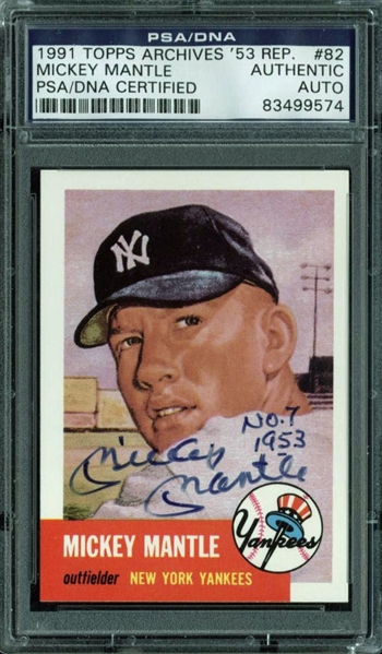 Mickey Mantle Signed & Inscribed "No. 7 1953" 1991 Topps Archives 53 Reprint #82 (PSA/DNA Encapsulated)