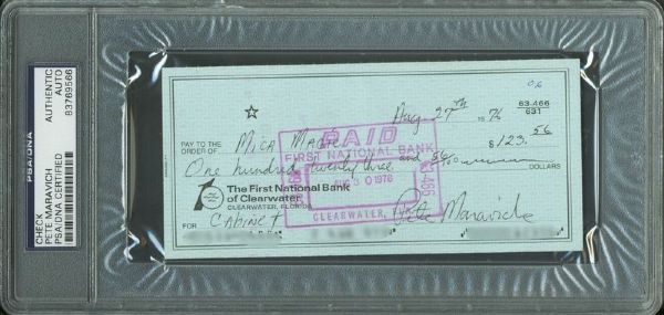 Pistol Pete Maravich Handwritten & Signed 1976 Personal Bank Check (PSA/DNA Encapsulated)