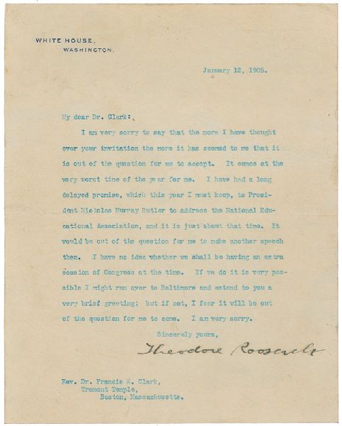 President Theodore Roosevelt Signed Typed 1905 Letter (PSA/DNA)