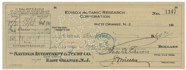 Thomas Edison Signed 1928 Botanic Research Check (PSA/JSA Guaranteed)