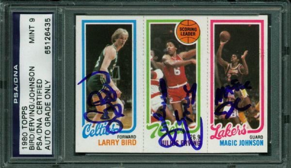 1980 Topps Multi-Signed Basketball Card w/ Bird, Erving & Johnson PSA/DNA Graded MINT 9!