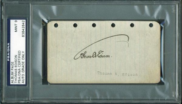 Thomas Edison Signed 2" x 4" Album Page PSA/DNA Graded MINT 9!