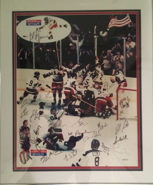 1980 US Mens Hockey Team Signed 16" x 20" Color Photo w/ ULTRA RARE Herb Brooks! (PSA/JSA Guaranteed)