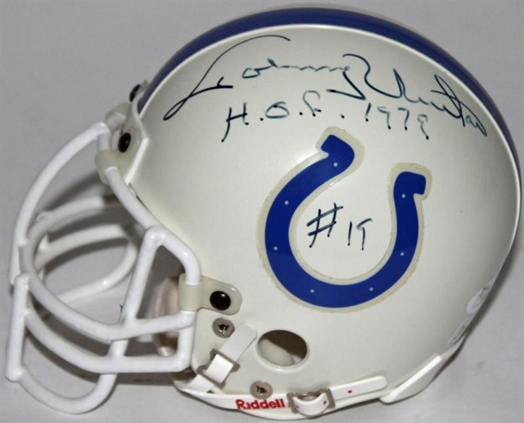 Johnny Unitas Signed Colts Mini Helmet w/ "#19, HOF 79" Inscription (JSA)